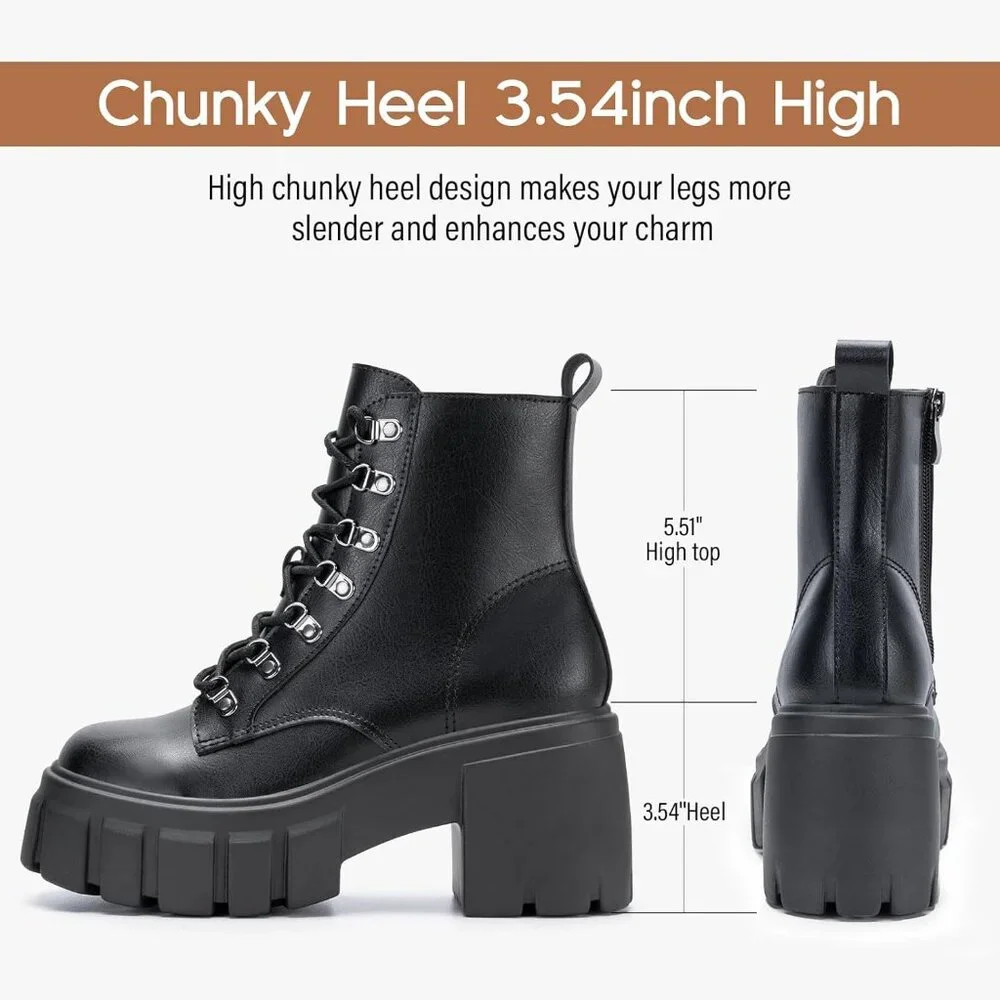 Women’s Combat Black Lace up Side Zipper High Heel Chunky Ankle Lug Sole Booties - Picture 2 of 6